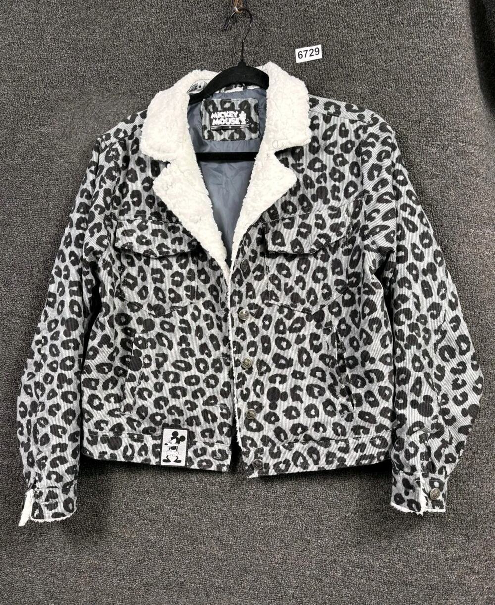 Disney Mickey Mouse Jacket Womens Medium Gray Leopard Sherpa Lined Corduroy